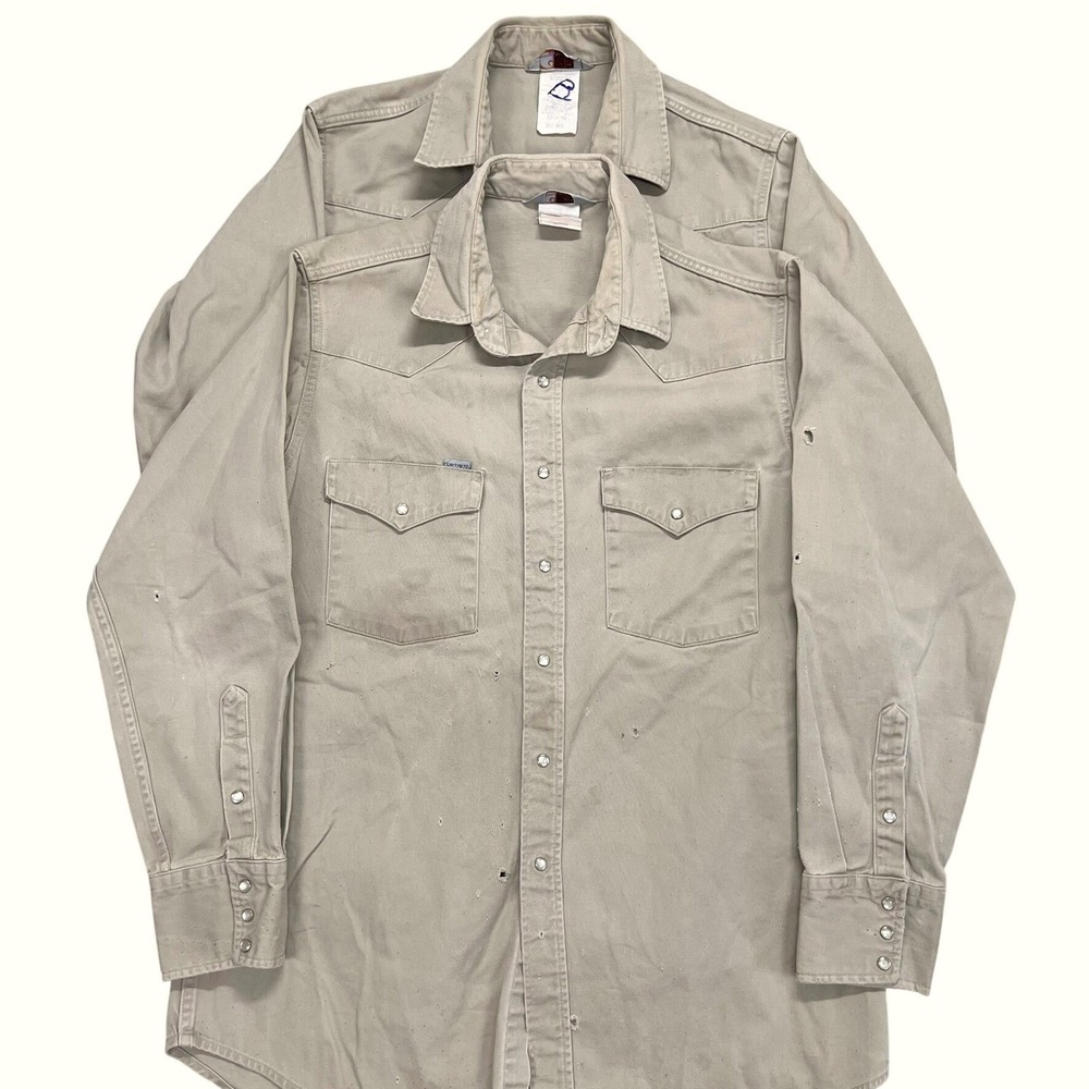 Vintage Carhartt Western Pearl Snap Work Shirts Khaki Mens L 17 x 35 Tan S01 KHI